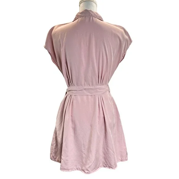 Zara Belted Mini Dress Pink Size S Button Front V Neck Lightweight Dolman Sleeve - Picture 5 of 11